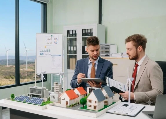 Wohnungseigentümer sitzen mit einem Energieberater in einer Besprechung zusammen